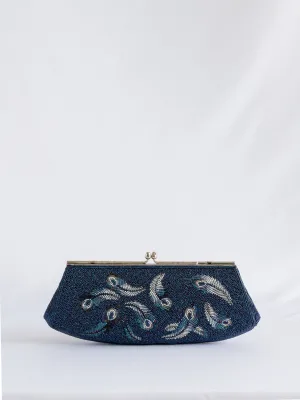 Vintage Feather Detailing Navy Blue Beaded Handbag