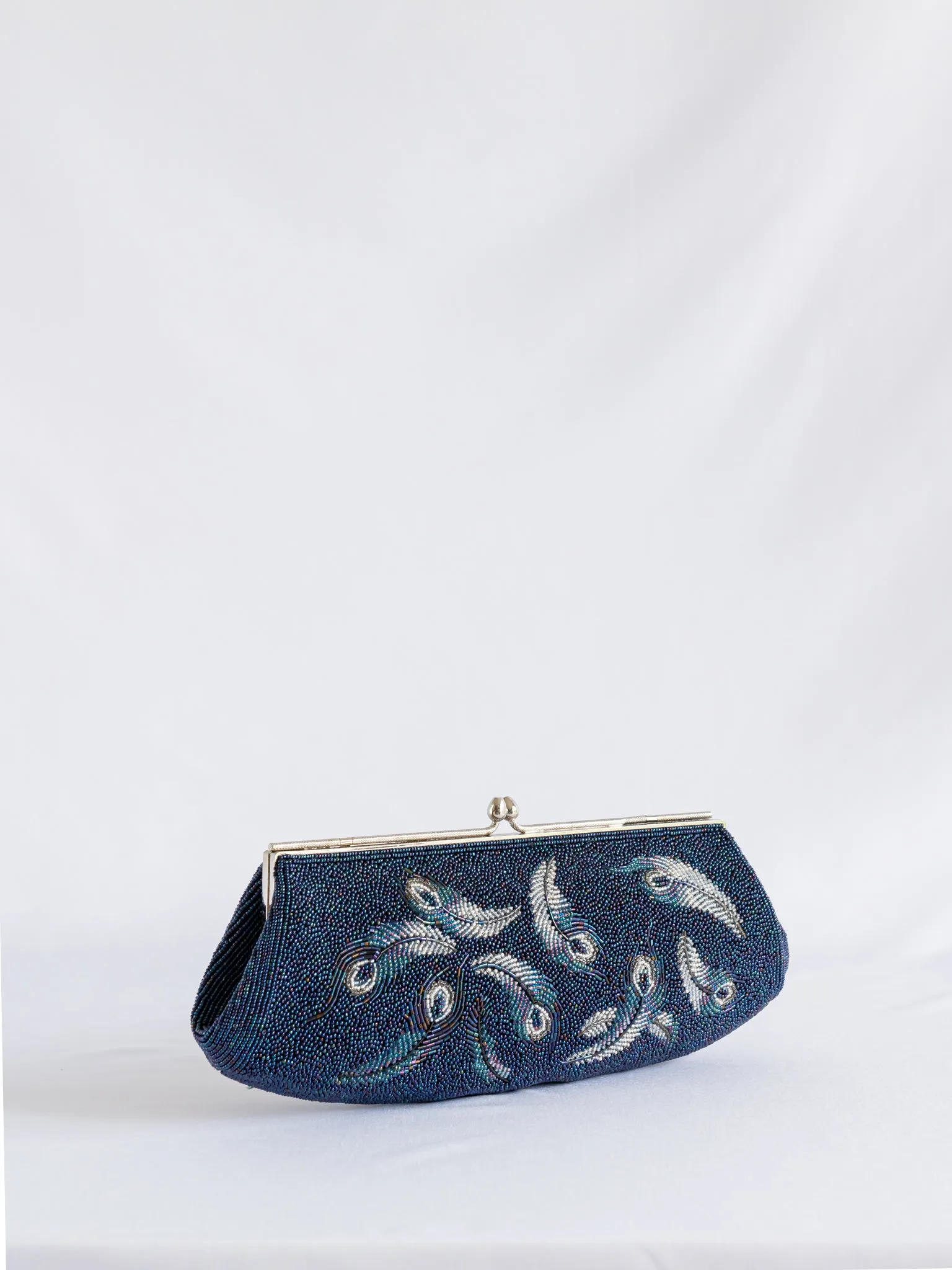Vintage Feather Detailing Navy Blue Beaded Handbag