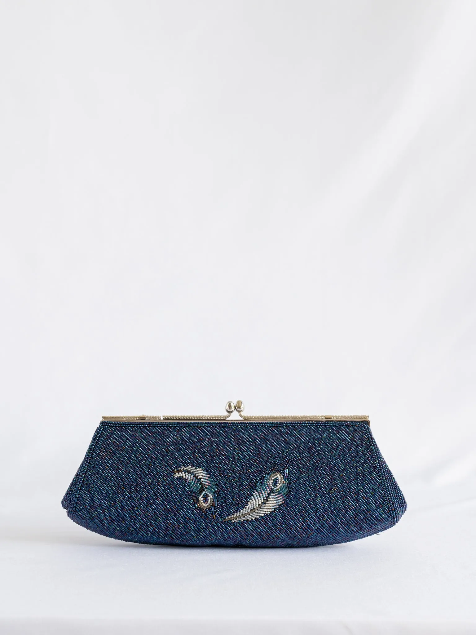 Vintage Feather Detailing Navy Blue Beaded Handbag