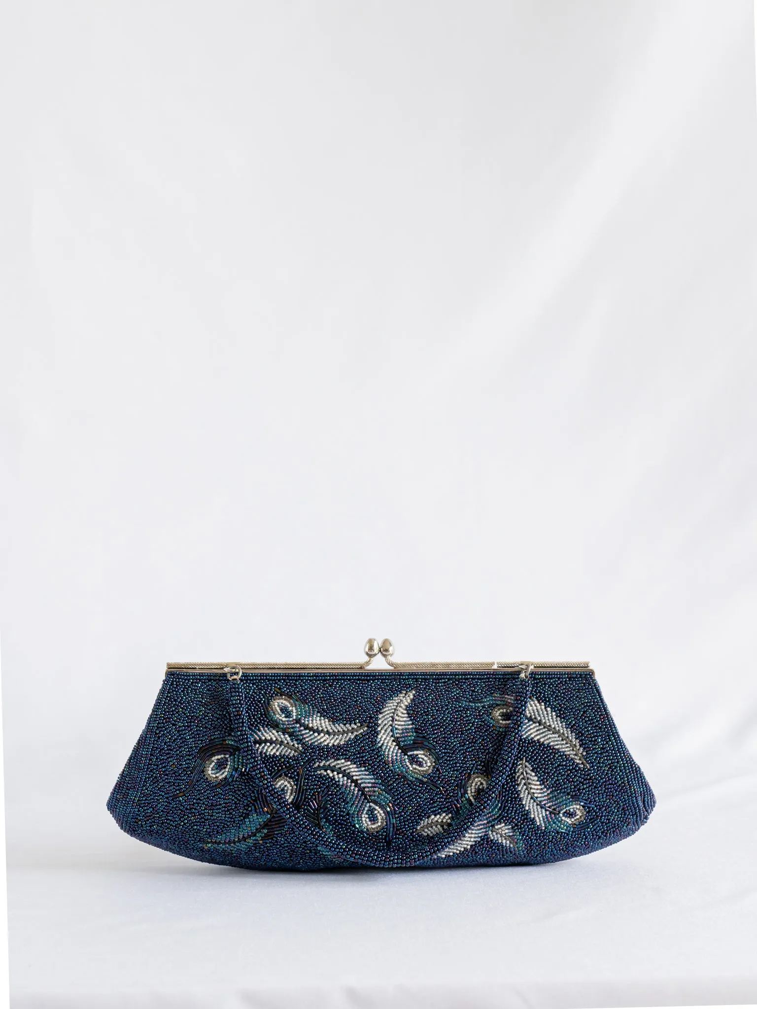 Vintage Feather Detailing Navy Blue Beaded Handbag