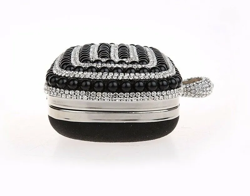 Womens Diamante Pearl Rhinestone Clutch Bag Wedding Black